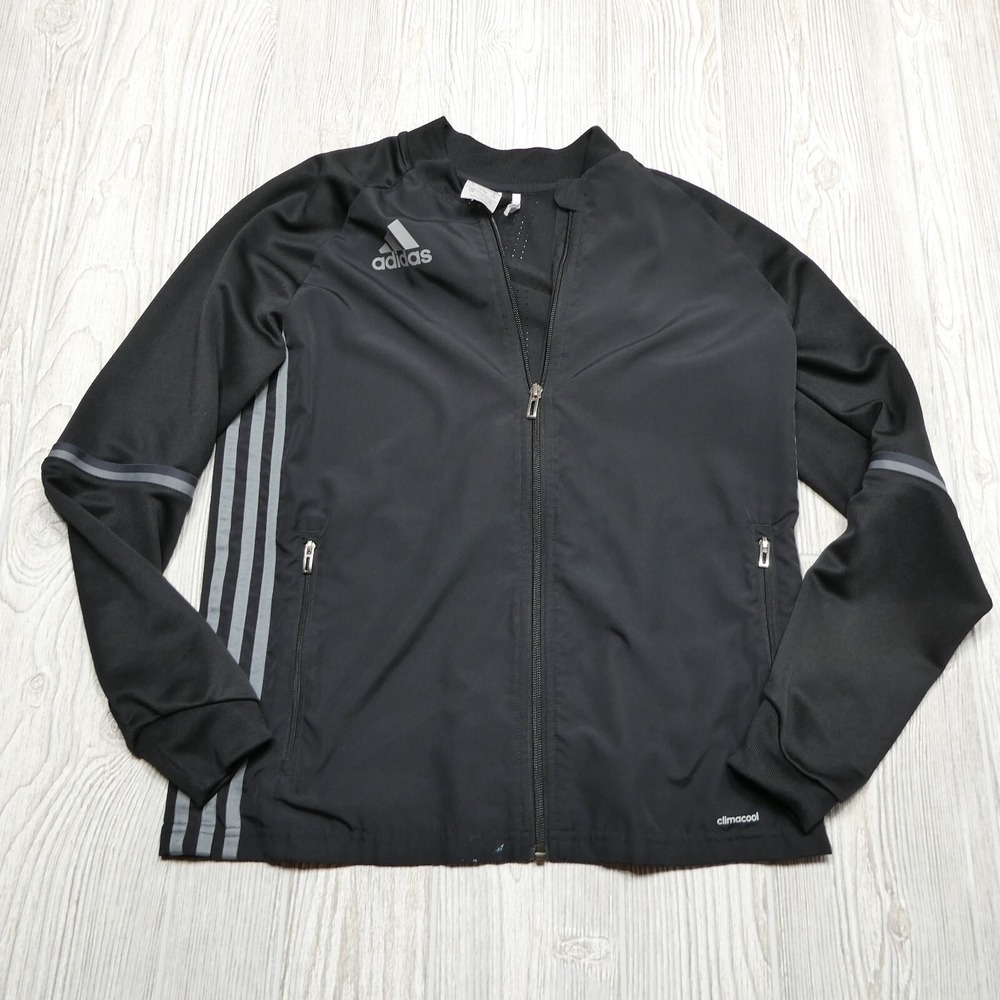 Adidas Track Jacket Youth Large Climacool‎ Black White 3 Stripe Zip Sweatshirt